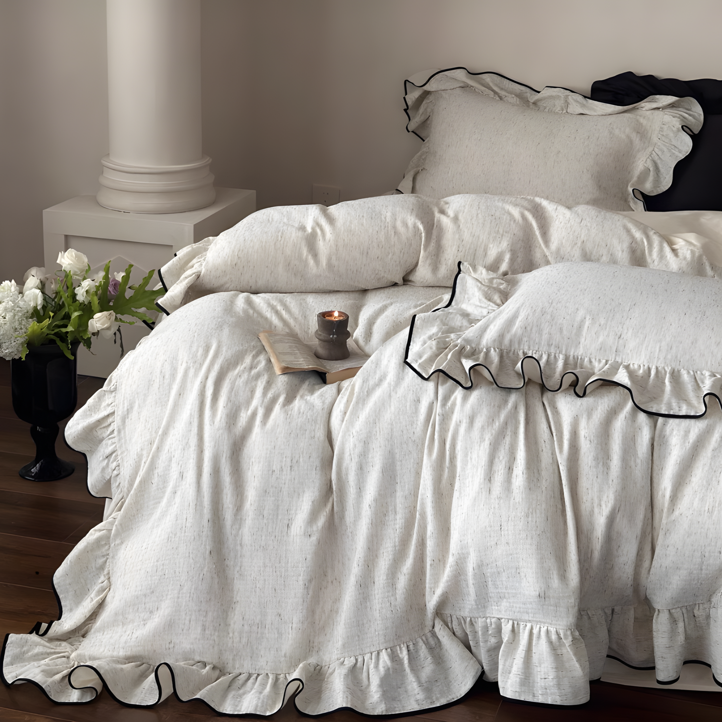 Noir Elegance Ruffled Bedding Set