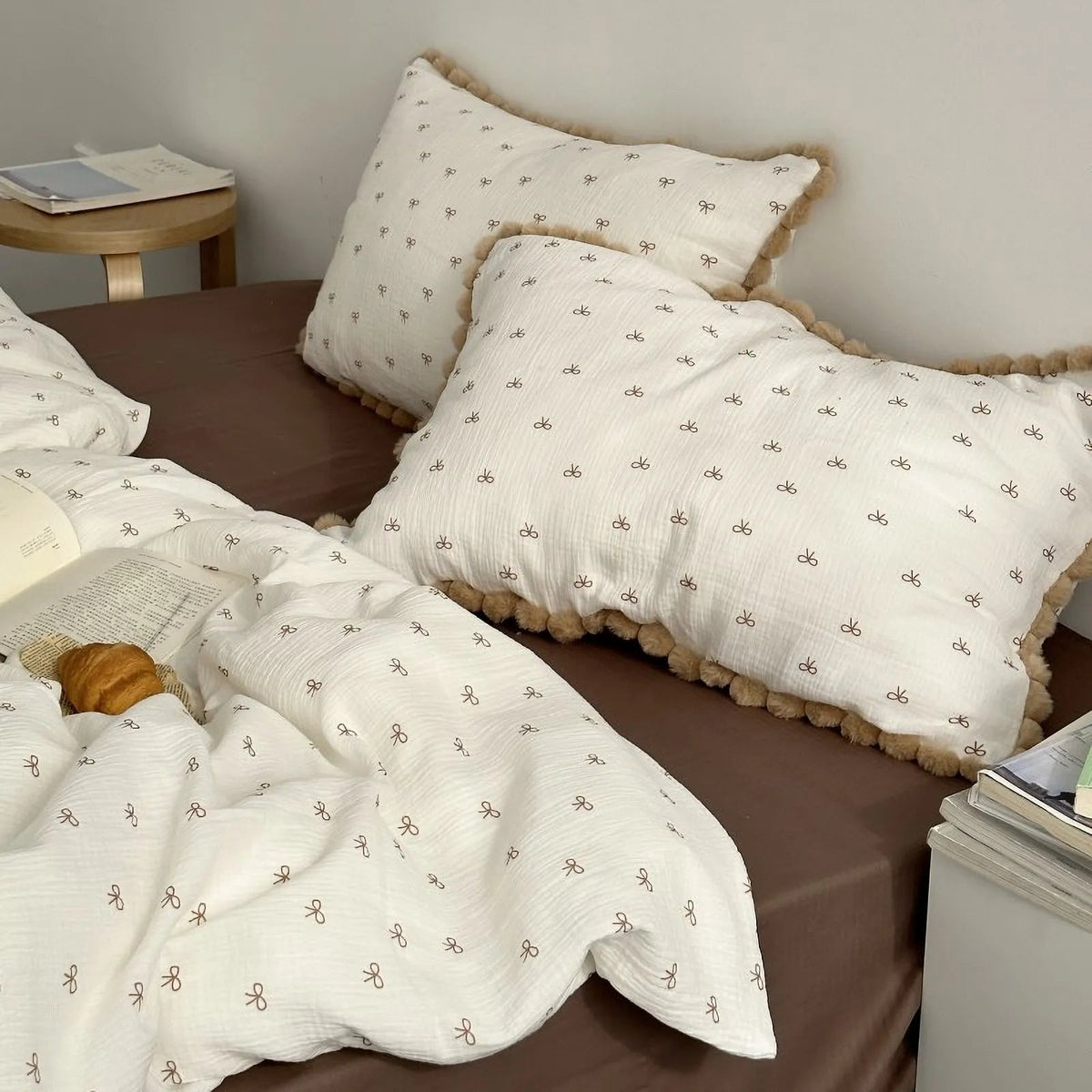 Adeline Bow Print Pom-Pom Trim Washed Cotton Bedding Set