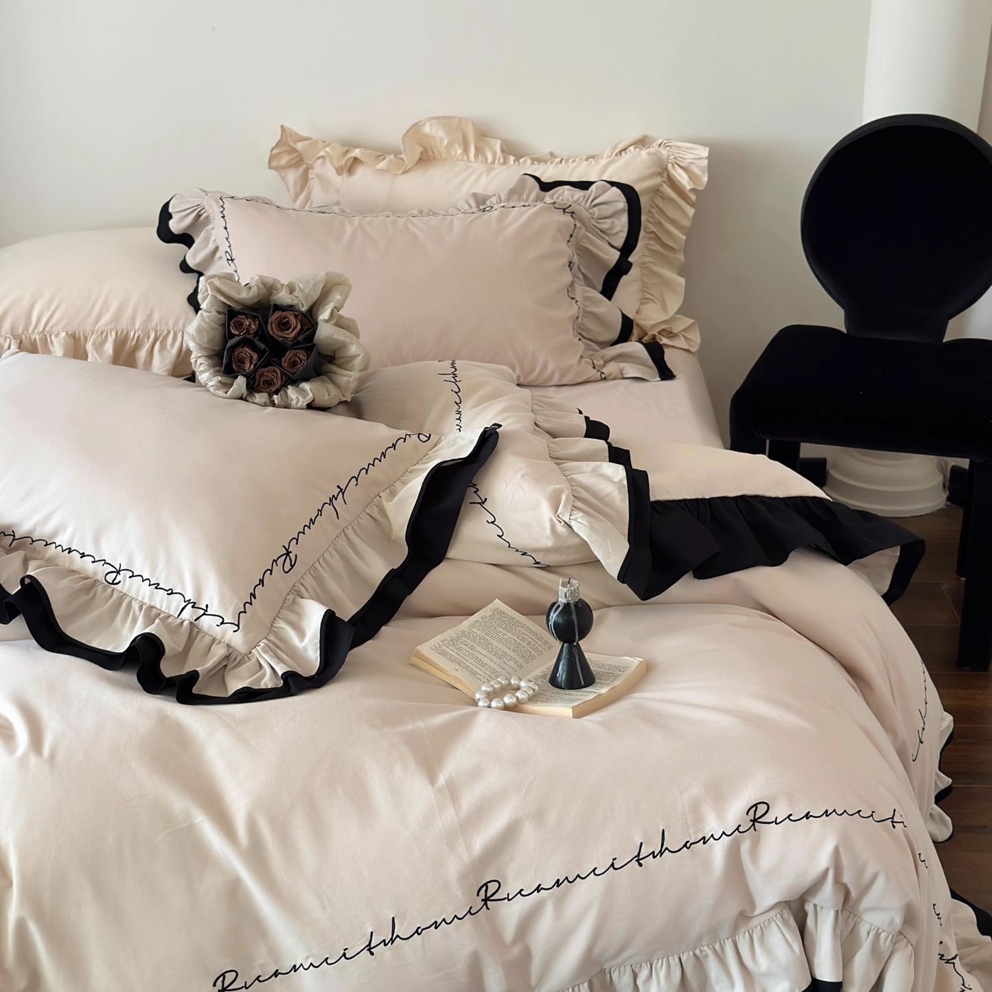 Noir Elegance Ruffle Bedding Set