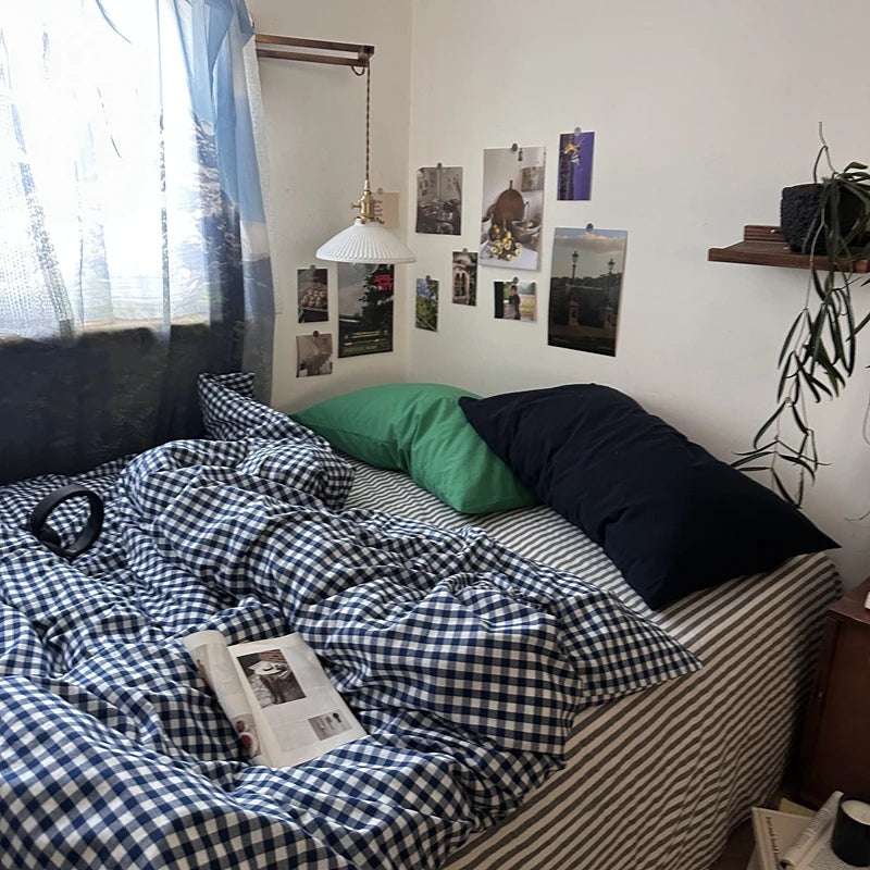 Navy Gingham Cotton Bedding Set