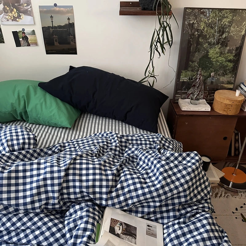 Navy Gingham Cotton Bedding Set
