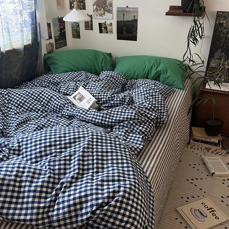 Navy Gingham Cotton Bedding Set