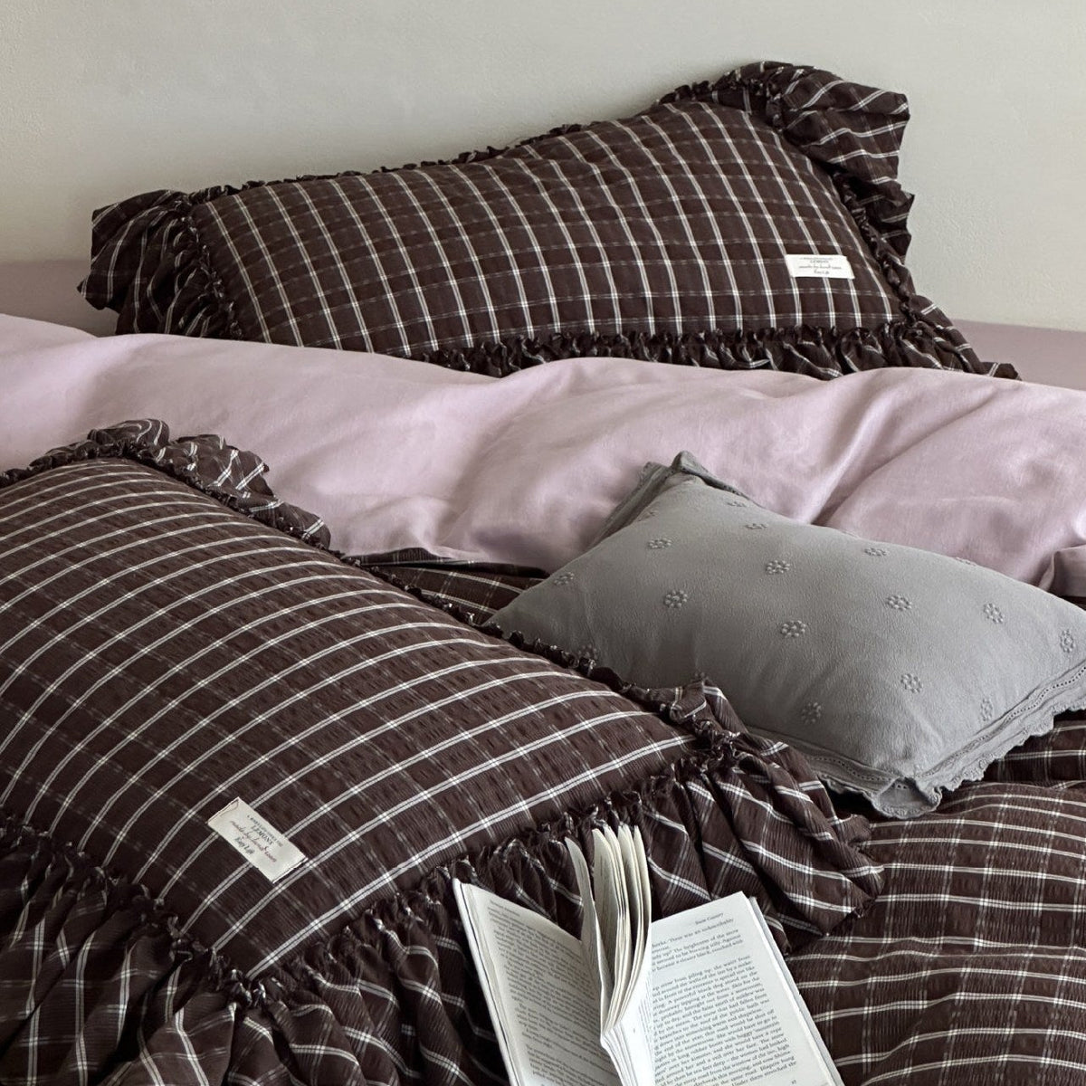 Ashvale Cocoa Windowpane Washed Cotton Bedding Set - WhisperLinens