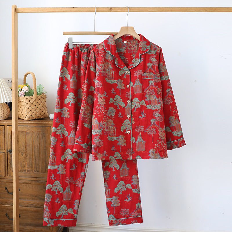 Ines Red Botanical Long-Sleeve Cotton Pajama Set - WhisperLinens