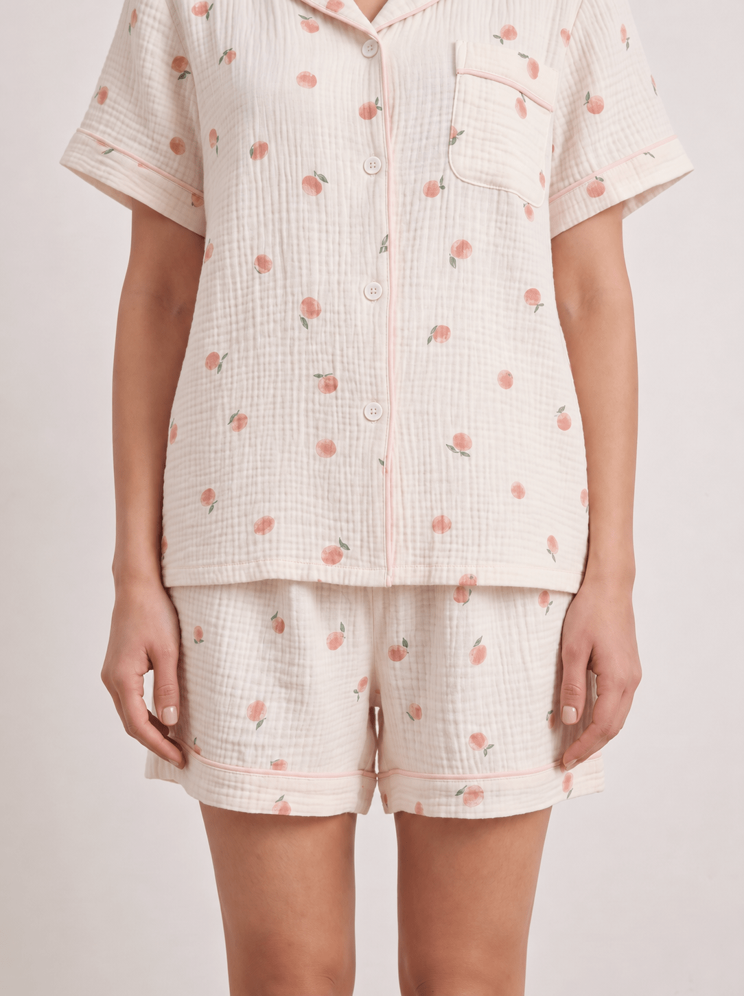 Peachy Breeze Peach Print Cotton Gauze Shorts Pajama Set - WhisperLinens