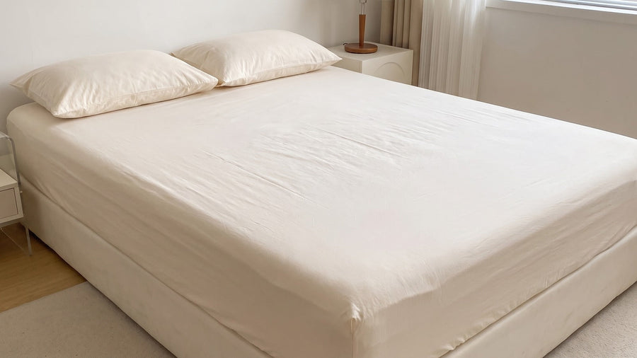Clean cream cotton fitted sheet and pillowcases on a bed