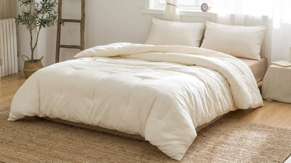 Cream cotton-covered duvet insert lofted across a bed