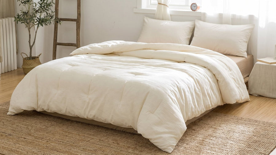 Cream cotton-covered duvet insert lofted across a bed