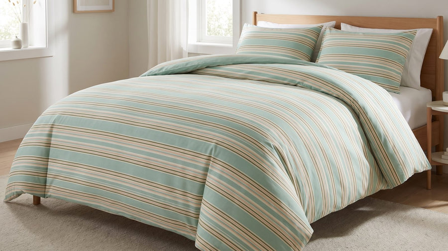 Mint green striped cotton duvet cover on a made bed