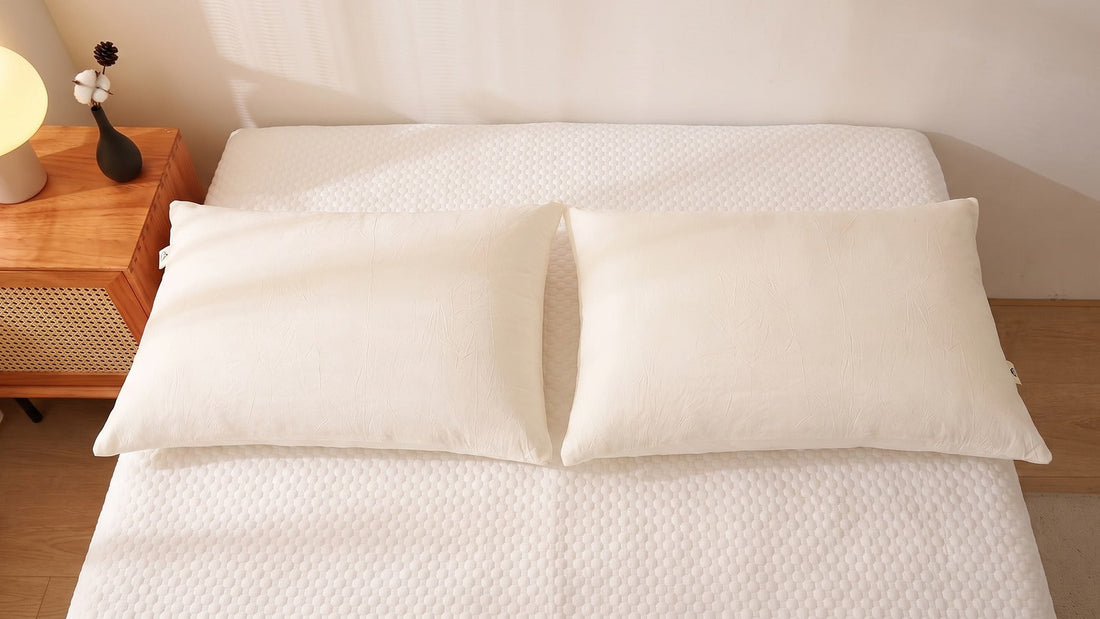 Two cream pillows laid side by side across a bed
