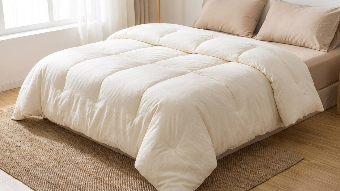 Cream duvet insert lofted across a neatly made bed