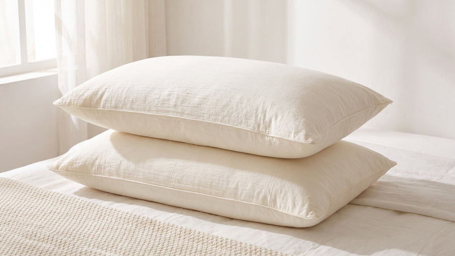 Two cream cotton pillows stacked on a made bed