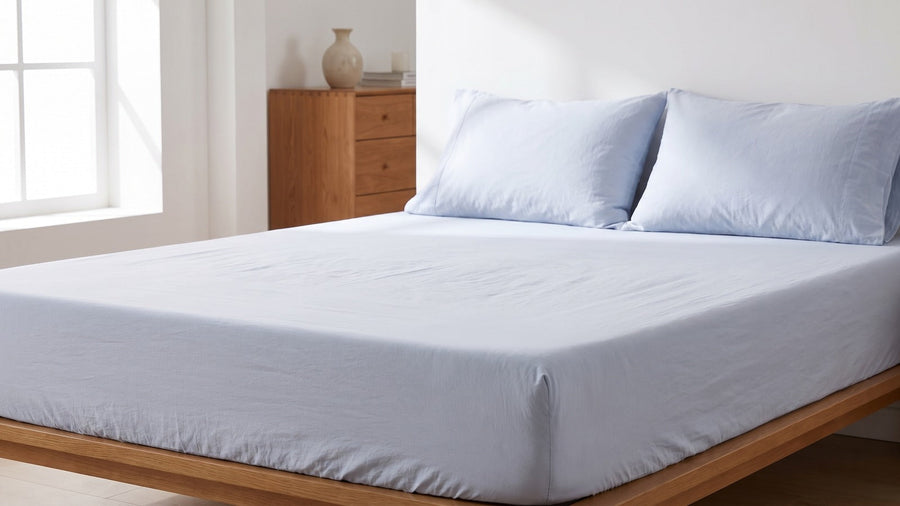 Pale blue cotton fitted sheet freshly made up on a bed