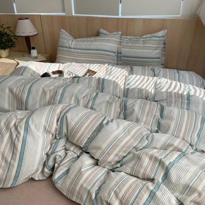 Teal Striped Cotton Bedding Set