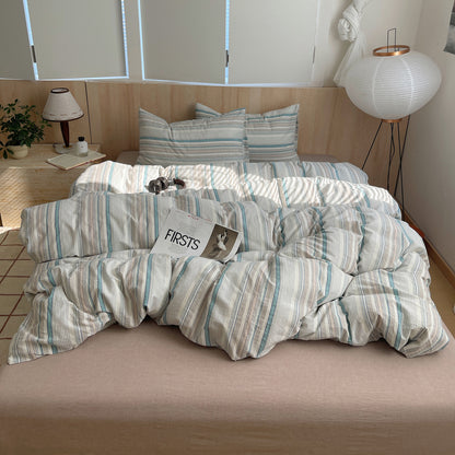Teal Striped Cotton Bedding Set