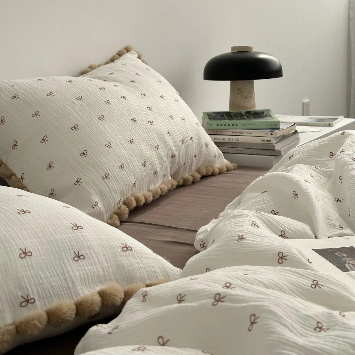 Adeline Bow Print Pom-Pom Trim Washed Cotton Bedding Set