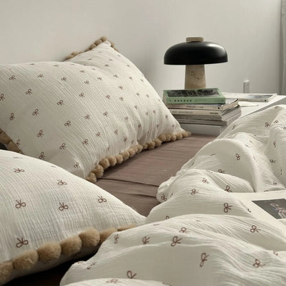 Adeline Bow Print Pom-Pom Trim Washed Cotton Bedding Set