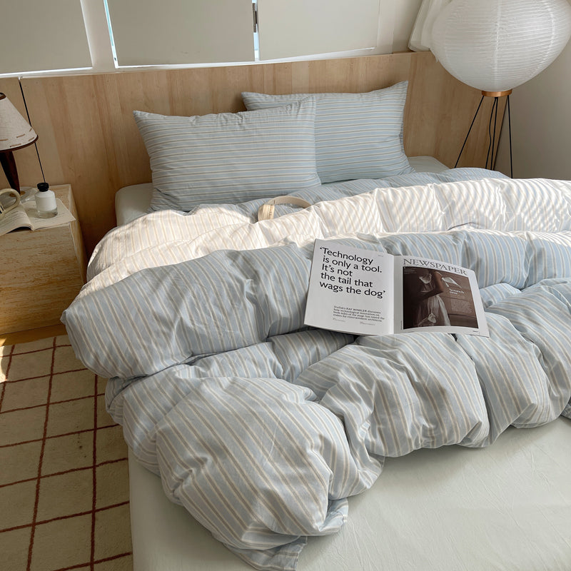 Light Blue and White Striped Cotton Duvet Cover