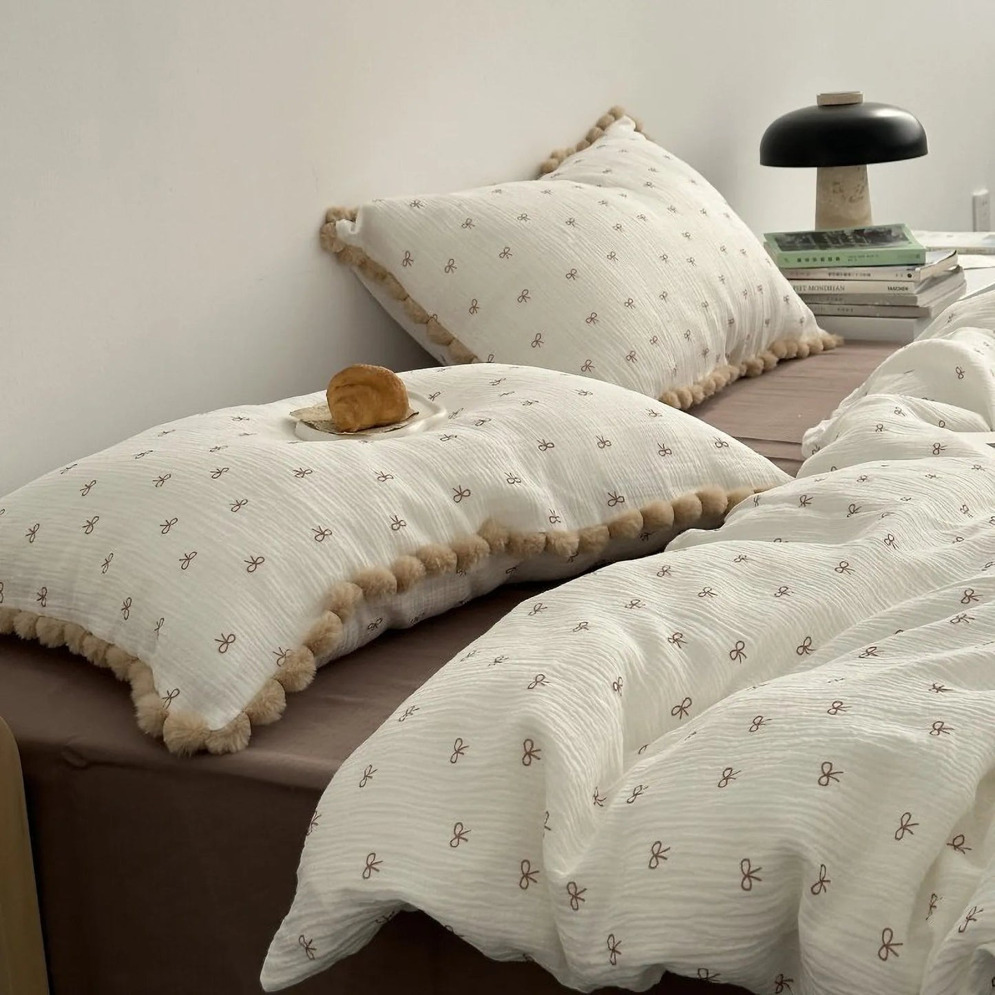 Adeline Bow Print Pom-Pom Trim Washed Cotton Bedding Set