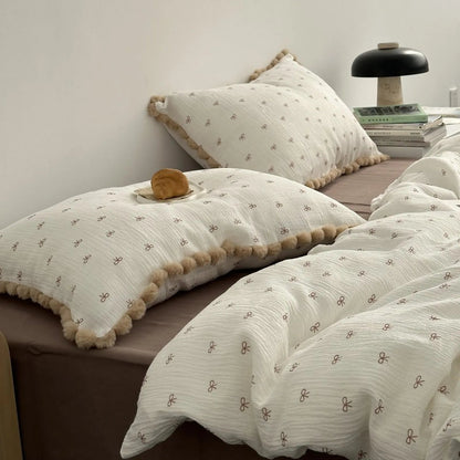 Adeline Bow Print Pom-Pom Trim Washed Cotton Bedding Set