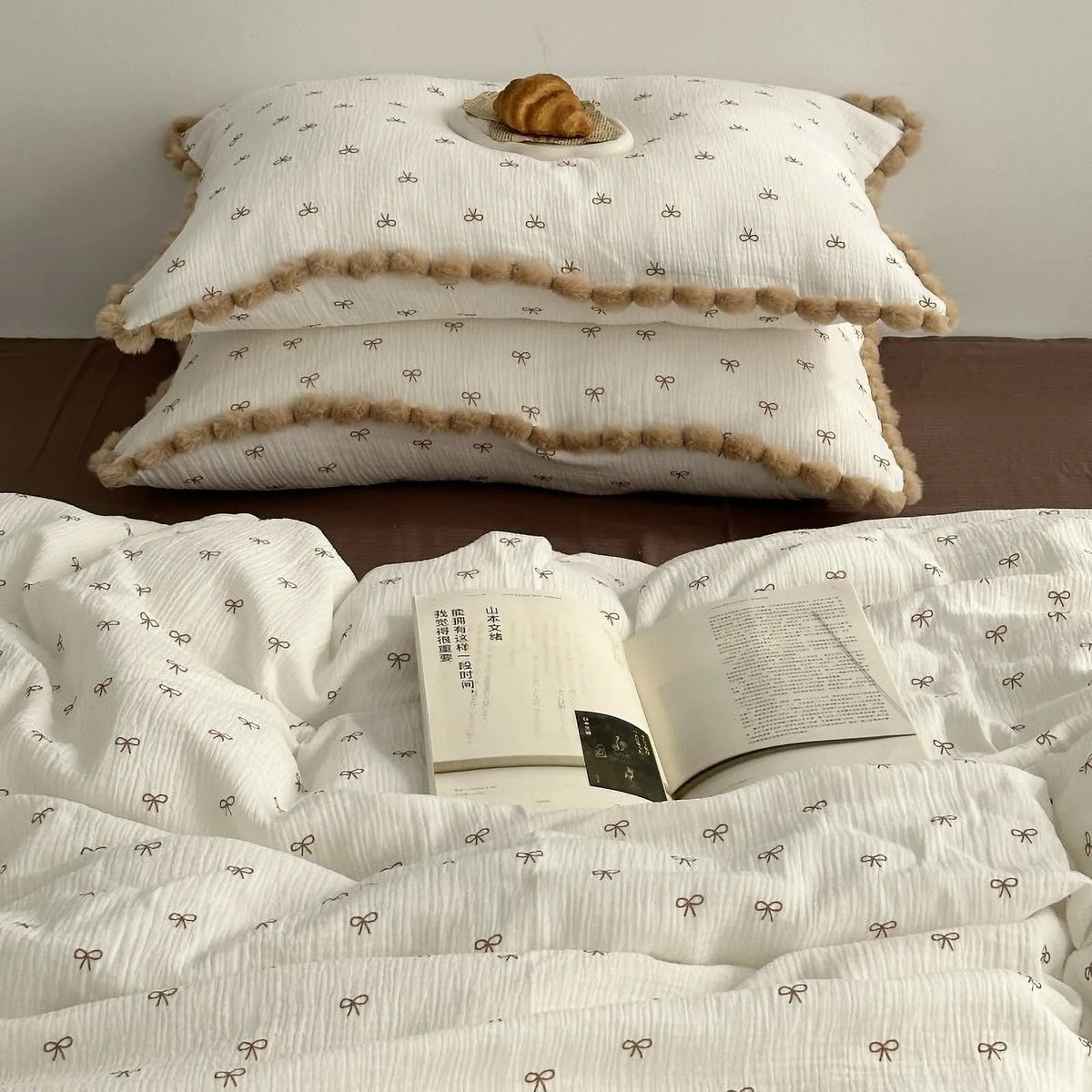 Adeline Bow Print Pom-Pom Trim Washed Cotton Bedding Set