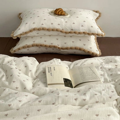 Adeline Bow Print Pom-Pom Trim Washed Cotton Bedding Set