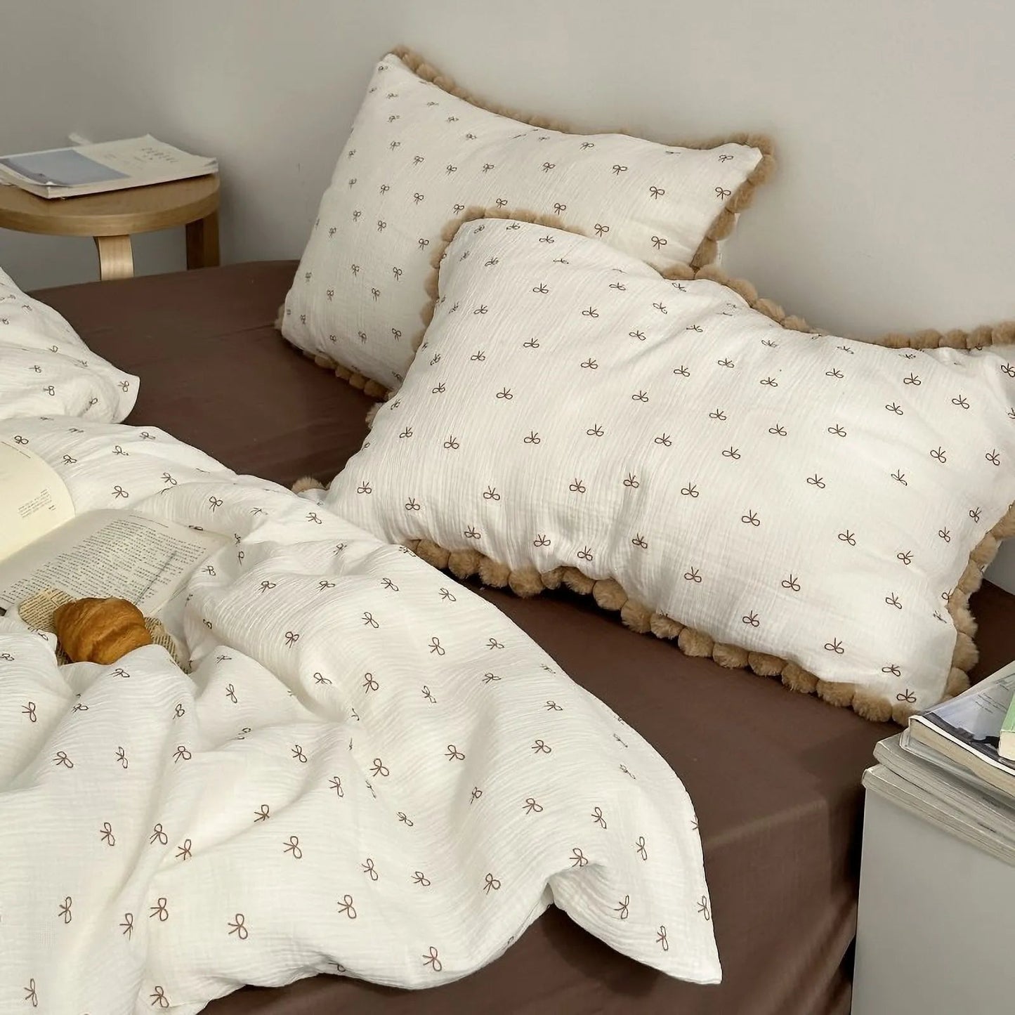 Adeline Bow Print Pom-Pom Trim Washed Cotton Bedding Set