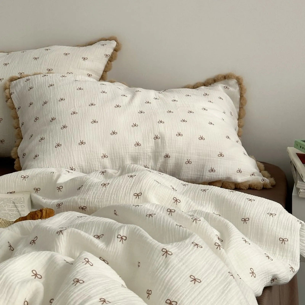 Adeline Bow Print Pom-Pom Trim Washed Cotton Bedding Set