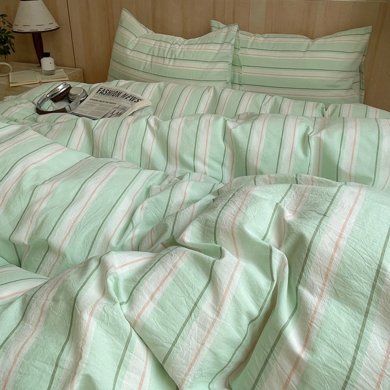 Pastel Mint and Pink_Striped Cotton Duvet Cover