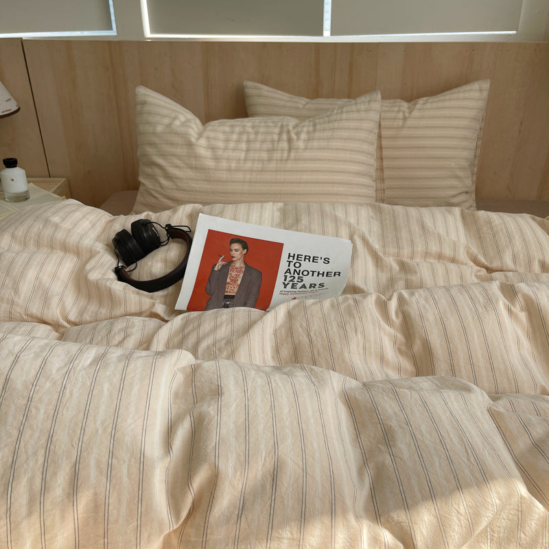 Cream Beige Striped Cotton Duvet Cover