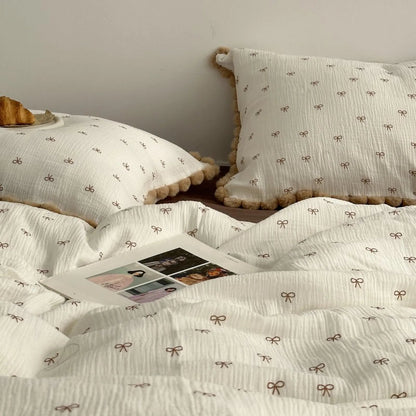 Adeline Bow Print Pom-Pom Trim Washed Cotton Bedding Set