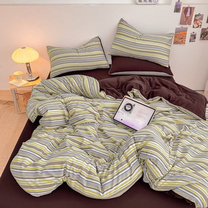 Retro striped bedding set in olive, yellow and blue with dark brown solid sheet