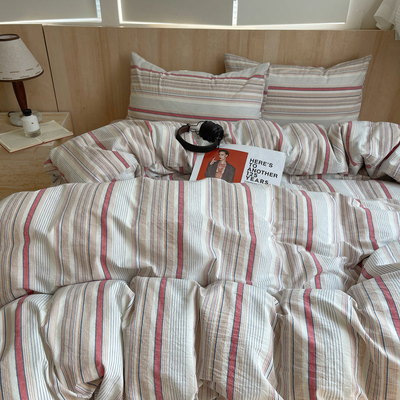 Red Beige Striped Cotton Duvet Cover