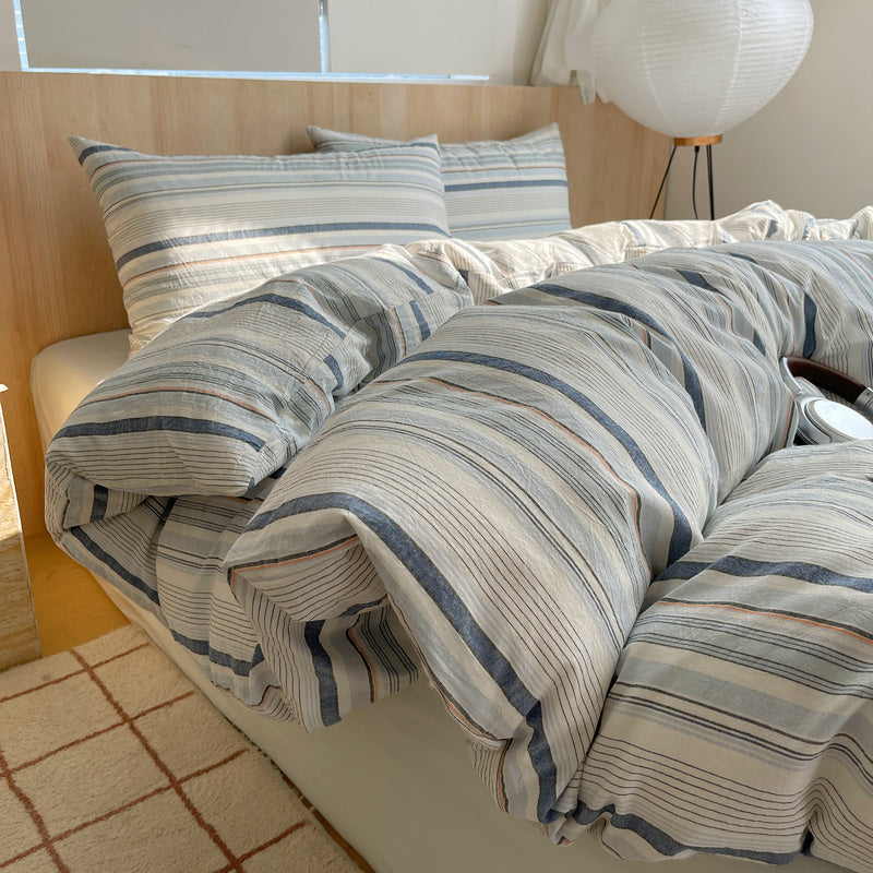Blue and Beige Striped Cotton Duvet Cover