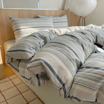 Blue and Beige Striped Cotton Duvet Cover