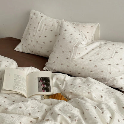 Adeline Bow Print Pom-Pom Trim Washed Cotton Bedding Set