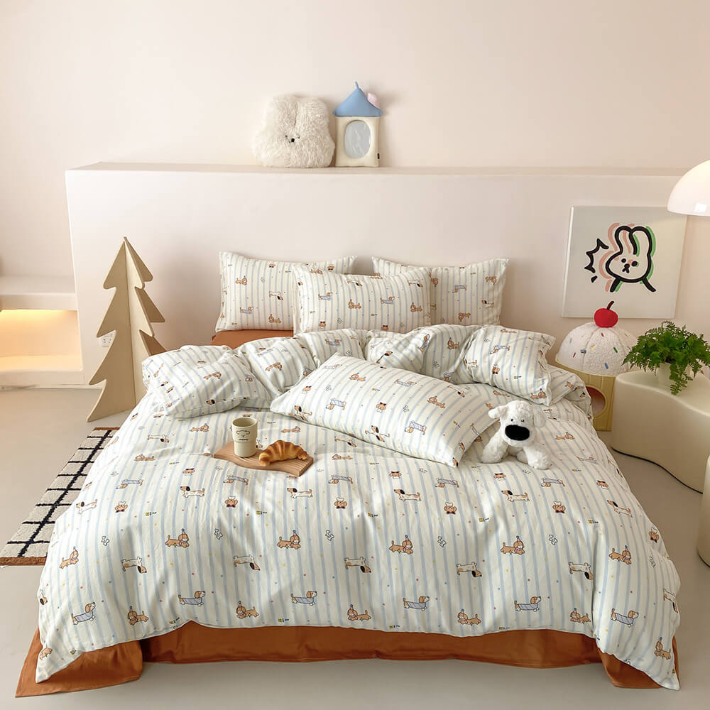 Biscuit Dachshund Stripe Cotton Bedding Set - full bed view in cream and pale blue stripes with rust sheet - WhisperLinens