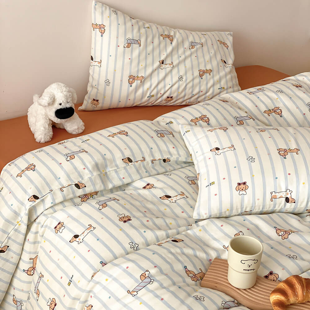 Biscuit Dachshund Stripe Cotton Bedding Set - striped pillowcase on a rust sheet - WhisperLinens