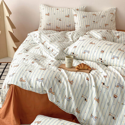 Biscuit Dachshund Stripe Cotton Bedding Set - striped dachshund duvet cover and pillowcases over a rust sheet - WhisperLinens