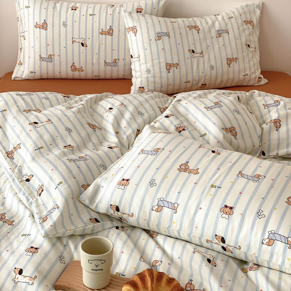 Biscuit Dachshund Stripe Cotton Bedding Set - matching striped pillowcases on a rust sheet - WhisperLinens