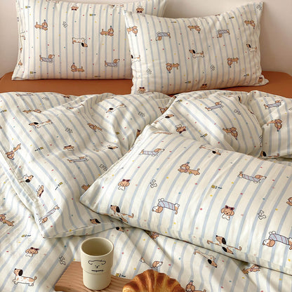 Biscuit Dachshund Stripe Cotton Bedding Set - matching striped pillowcases on a rust sheet - WhisperLinens