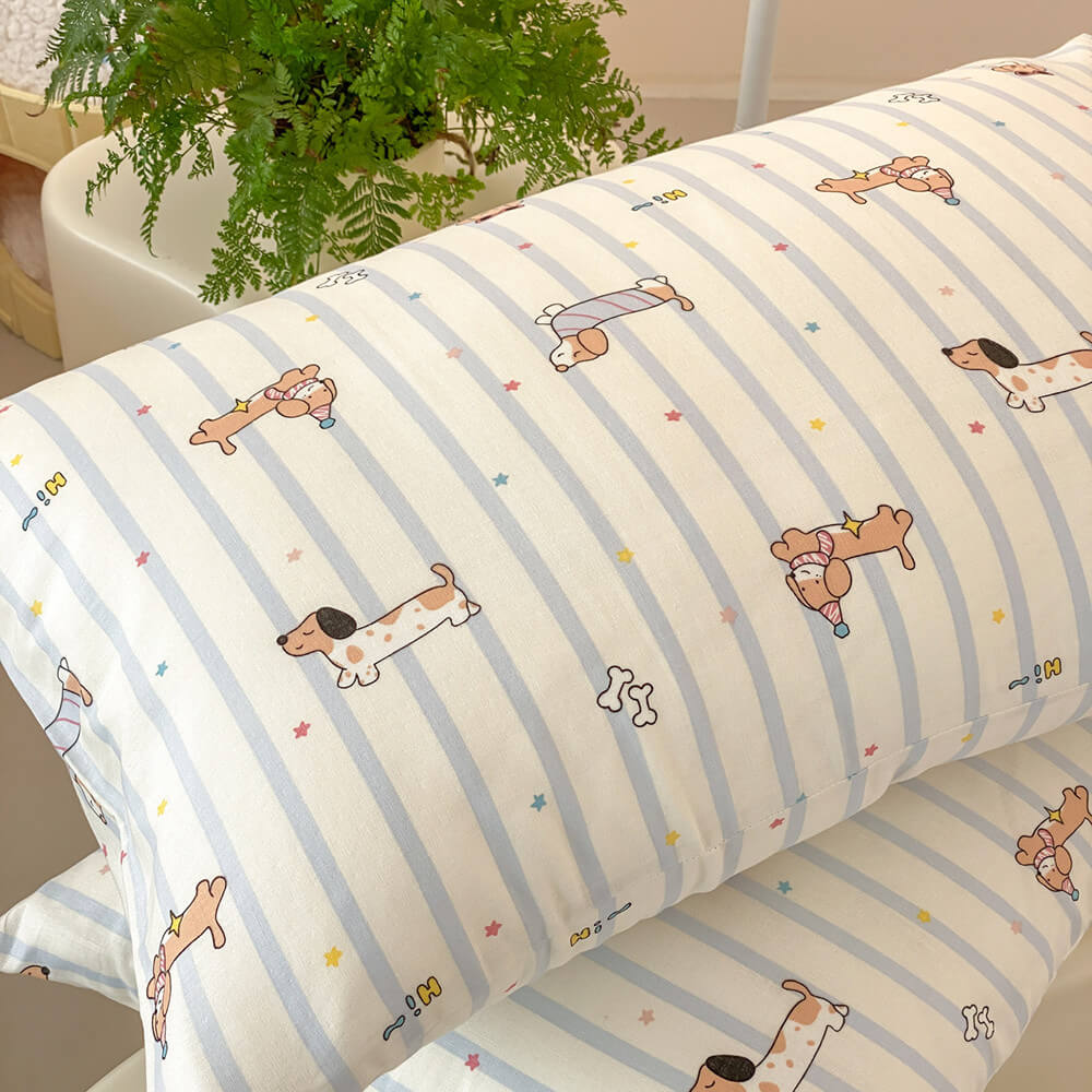 Biscuit Dachshund Stripe Cotton Bedding Set - pillowcase with dachshunds, bones and confetti stars - WhisperLinens