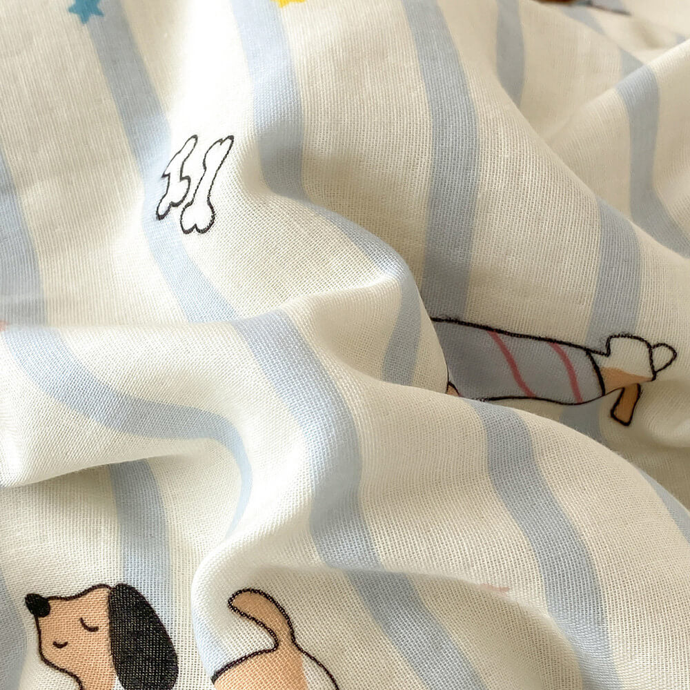 Biscuit Dachshund Stripe Cotton Bedding Set - close-up of cotton muslin texture and dachshund print - WhisperLinens