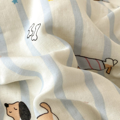 Biscuit Dachshund Stripe Cotton Bedding Set - close-up of cotton muslin texture and dachshund print - WhisperLinens