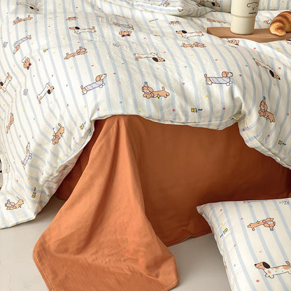 Biscuit Dachshund Stripe Cotton Bedding Set - rust sheet under the striped duvet cover - WhisperLinens