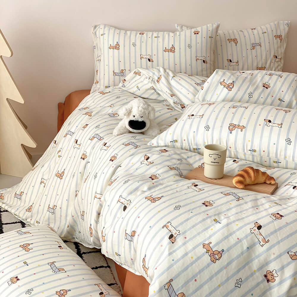 Biscuit Dachshund Stripe Cotton Bedding Set - striped dachshund bedding with rust sheet edge - WhisperLinens