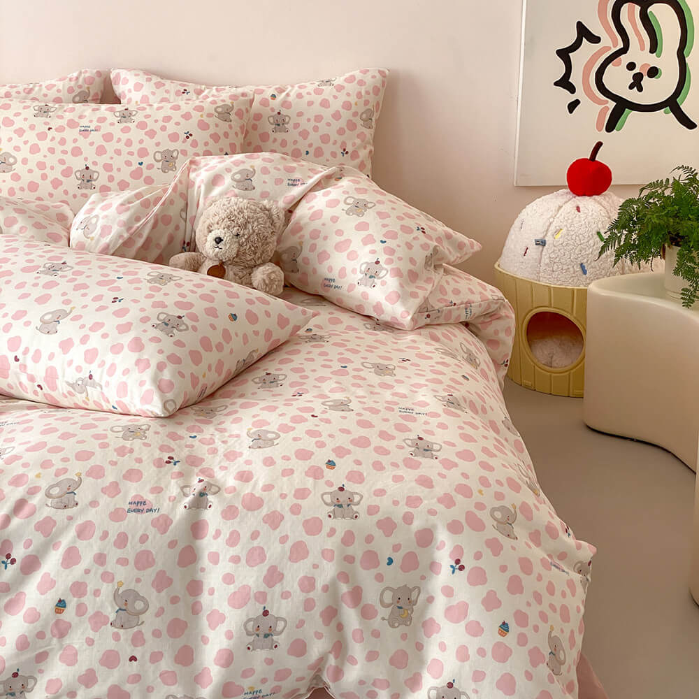 Pippa Elephant Spot Cotton Bedding Set - corner view of elephant duvet cover and pillowcases - WhisperLinens