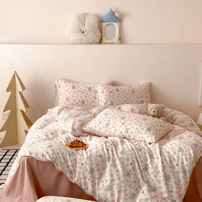 Pippa Elephant Spot Cotton Bedding Set - pink-spotted elephant duvet cover and pillowcases over a blush sheet - WhisperLinens