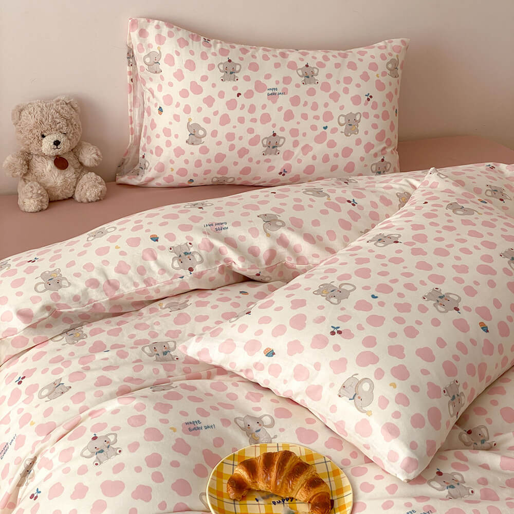 Pippa Elephant Spot Cotton Bedding Set - pillowcase and duvet cover with gray elephants and pink spots - WhisperLinens