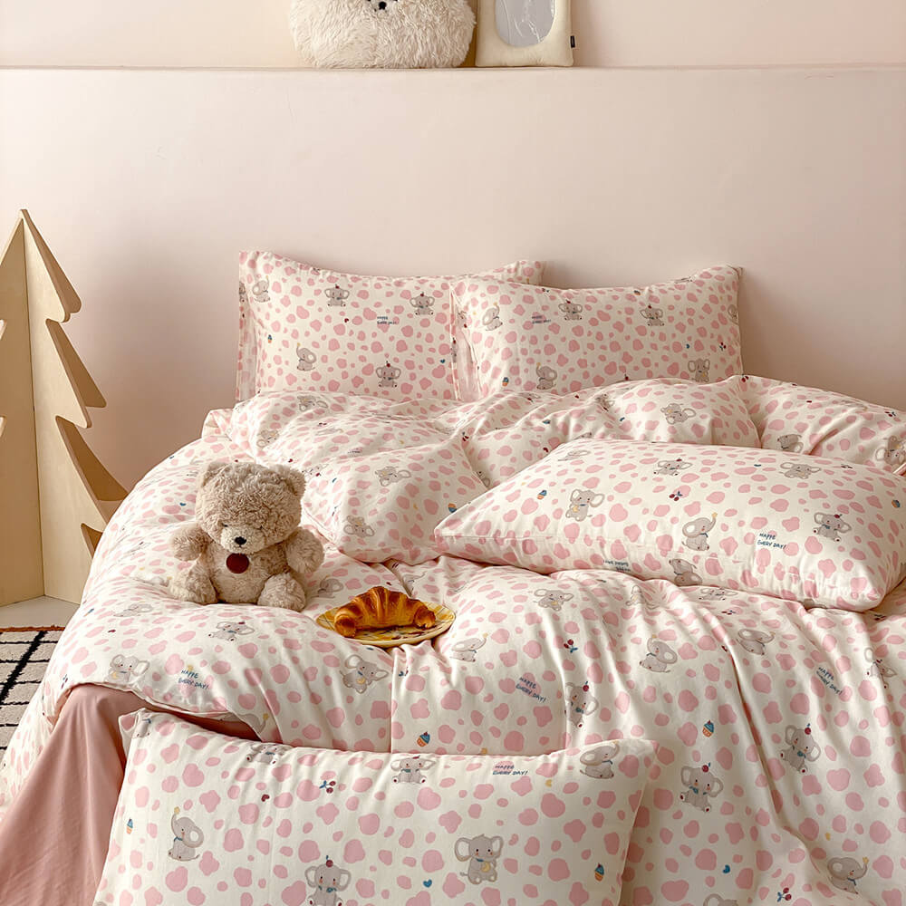 Pippa Elephant Spot Cotton Bedding Set - layered pillowcases and duvet cover in pink spots - WhisperLinens